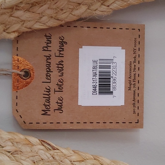 NWT Magid Large Metallic Leopard Print Jute Tote with Fringe and Tassels - Picture 3 of 9